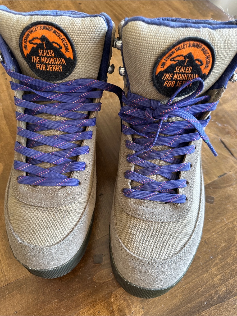 The North Face Tan Canvas & Suede High-Top Boots with Purple Laces